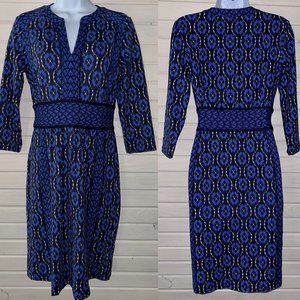J McLaughlin Sz XS Catalina Cloth Blue Geo Print Lola Dress 3/4 Sleeves EUC